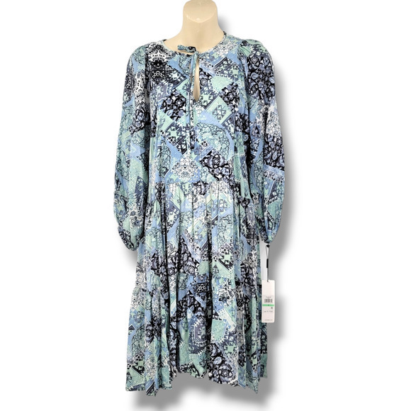 NEW Calvin Klein Women's‎ Floral Geo Print Blouson Puff Sleeve A Line Dress Blue - Picture 3 of 14